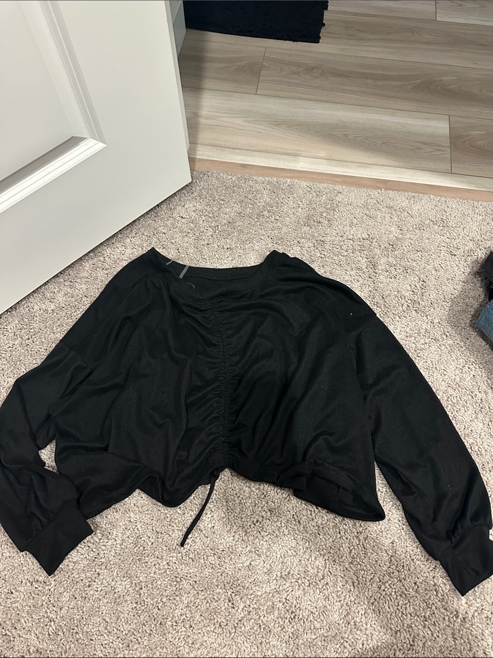 Final Touch Black Cropped Long-Sleeve Drawstring Top